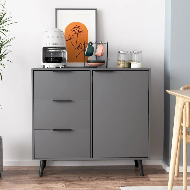 Credenza con 3 cassetti e ripiano regolabile, armadietto moderno con anta, mobile decorativo, colore legno naturale