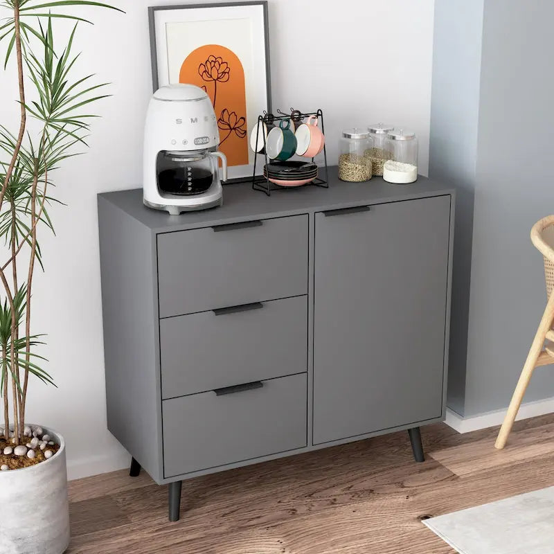 Credenza con 3 cassetti e ripiano regolabile, armadietto moderno con anta, mobile decorativo, colore legno naturale