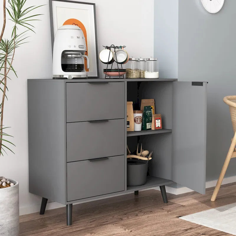Credenza con 3 cassetti e ripiano regolabile, armadietto moderno con anta, mobile decorativo, colore legno naturale