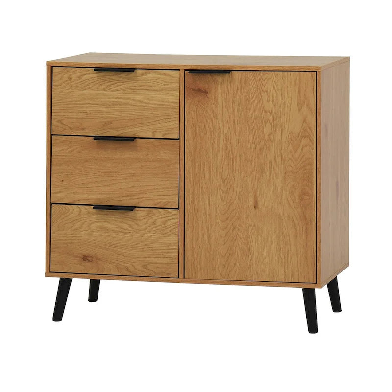 Credenza con 3 cassetti e ripiano regolabile, armadietto moderno con anta, mobile decorativo, colore legno naturale